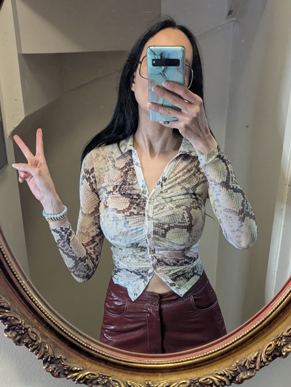 guess xs pastel snake print button up
